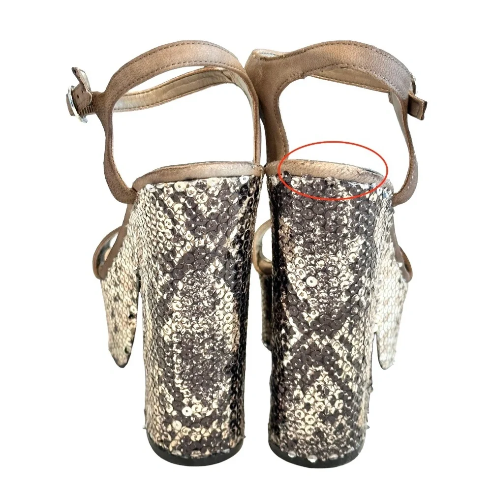 Jessica Simpson Brown Suede-Style Platform Sandals with Sequin Snake-Print Sole